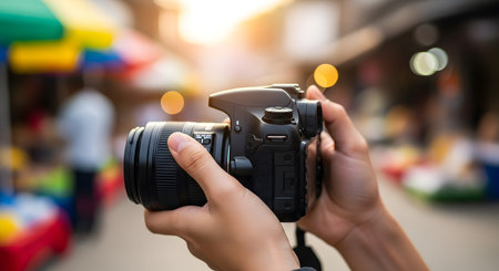 Photographer taking picture with DSLR camera on blurred background of shopping mallの素材