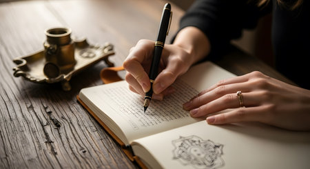 Female hands writing in a notebook with a fountain pen on a wooden tableの素材