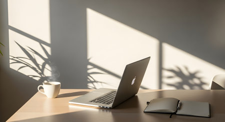 Laptop and coffee cup on wooden table in office room with sunlight from windowの素材
