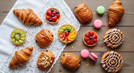 Delicious croissants with fruits on wooden table, top viewの素材
