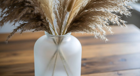 Pampas grass in vase on wooden table, stock photoの素材