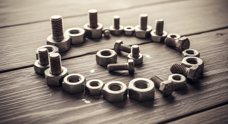 Bolts and nuts on wooden background with filter effect retro vintage styleの素材