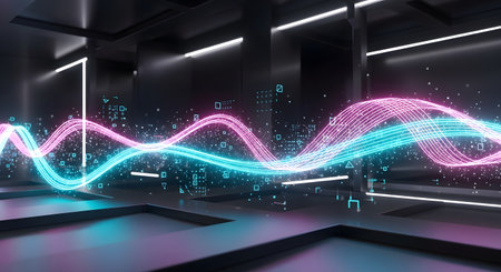 Futuristic interior with glowing neon lines. 3D Renderingの素材