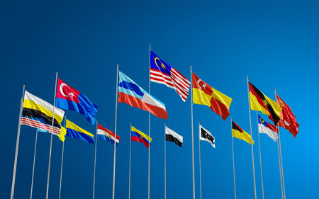 All Flags of States and territories of Malaysia waving in the sky. Flag of Selangor, Kuala Lumpur,...