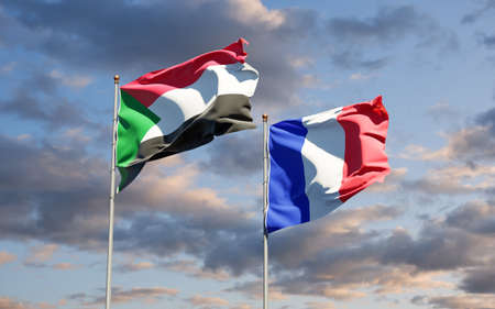 Beautiful national state flags of France and Sudan together at the sky background. 3D artwork concept.の写真素材