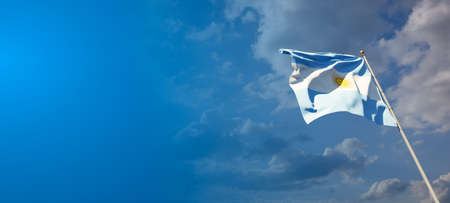 Beautiful national state flag of Argentina with blank space. Argentina flag on wide background with place for text 3D artwork.の写真素材