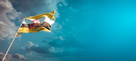 Beautiful national state flag of Brunei with blank space. Brunnei flag on wide background with place...