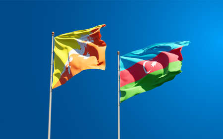 Beautiful national state flags of Azerbaijan and Bhutan together at the sky background. 3D artwork concept.の写真素材