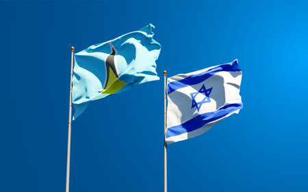 Beautiful national state flags of Saint Lucia and Israel together at the sky background. 3D artwork...
