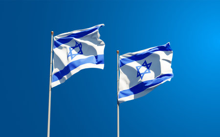 Beautiful national state flags of Israel and Israel together at the sky background. 3D artwork...