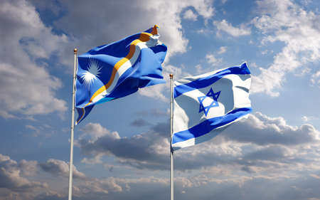 Beautiful national state flags of Marshall Islands and Israel together at the sky background. 3D artwork concept.の写真素材