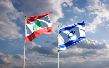 Beautiful national state flags of Lebanon and Israel together at the sky background. 3D artwork concept.の写真素材