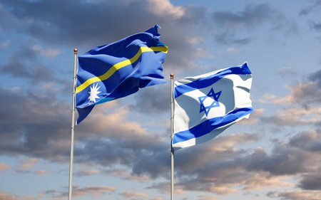 Beautiful national state flags of Nauru and Israel together at the sky background. 3D artwork...