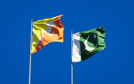 Beautiful national state flags of Pakistan and Bhutan together at the sky background. 3D artwork...
