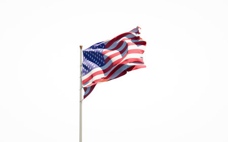 Beautiful national state flag of USA America on white background. Isolated close-up USA America flag...