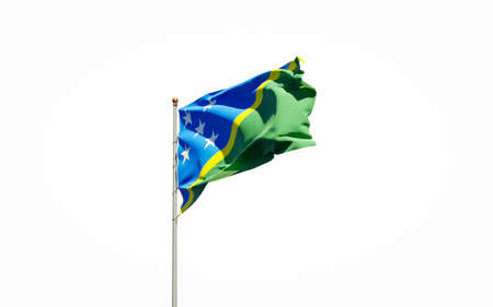 Beautiful national state flag of Solomon Islands on white background. Isolated close-up Solomon Islands flag 3D artwork.の写真素材