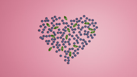 Flatlay Heart Blueberry on Pink Background Wallpaper. 3D artworkの写真素材