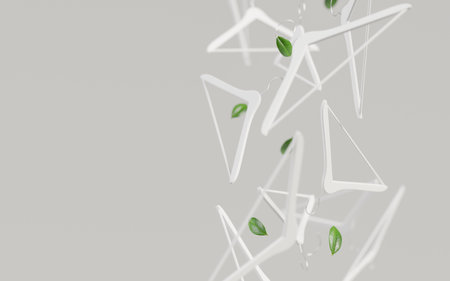 Falling clothes hangers on gray background. Minimalistic sales design. 3D artwork