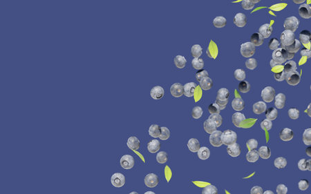 Blueberries on purple background. Copy space. 3D artwork