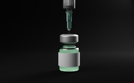 Syringe is taking the glowing vaccine. Copy black space. 3D artworkの写真素材