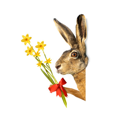 Easter bunny with daffodils, isolated on white background