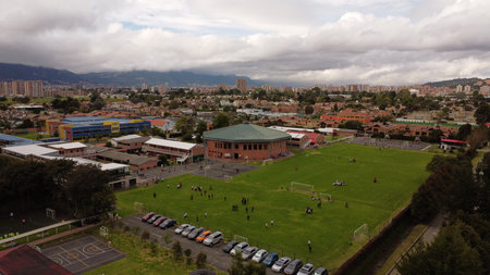 Aerial view of a football field in the city of Santiago, Chileの写真素材