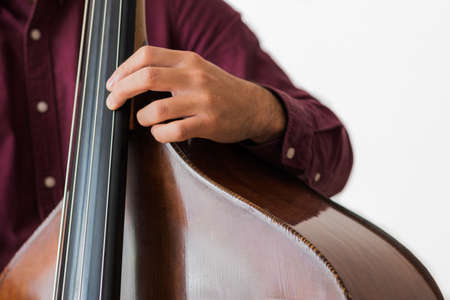 Professional double bass player. Photo shooting in studio. White backgroundの写真素材