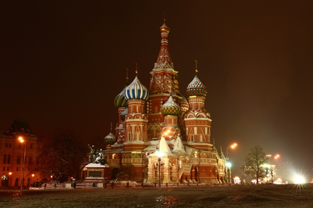 St. Basil's Cathedral on Red Square in Moscow. Winter Night illumination.の写真素材