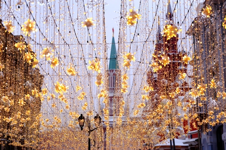 Kazan Cathedral on red square with Christmas decorations, Moscowの写真素材