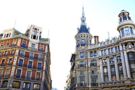 Ornate Facade of typical residence/ commercial Buildings and streets in City of Madrid, Spainのeditorial素材
