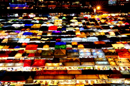 Colorful Night view of Train Night Market Ratchada, Bangkok, Thailand The famous Bangkok night Market.のeditorial素材