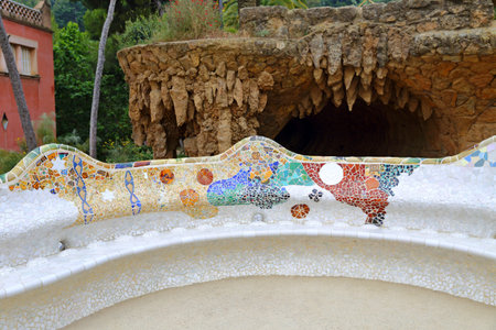 Parc Guell a garden overlooking Barcelona, designed and built by Guadi and Josep Jujol in 1914.のeditorial素材