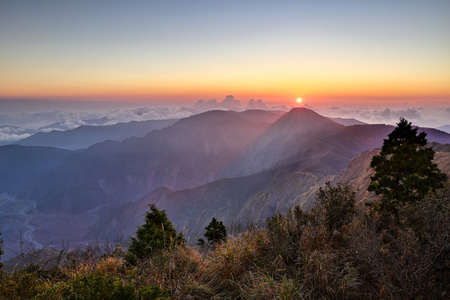 Wangyangshan Sunrise at Taipingshan National Forest Recreation Area in Yilan, Taiwanの写真素材