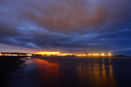 Sunset at Taipei Port, industrial landscape with lift crane in Taipei Taiwan.の写真素材