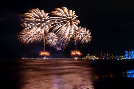 Beautiful fireworks at Tamsui Fisherman`s Wharf, in the north of Taiwan, New Taipei City, Taiwan