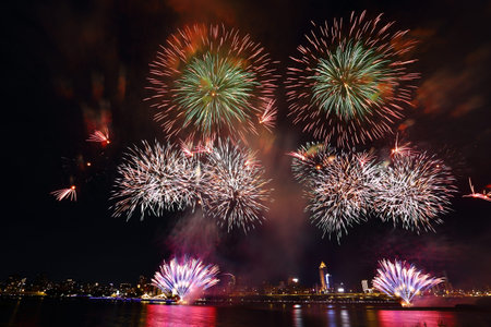 The famous beautiful Dadaocheng fireworks show at night in Taipei Taiwan