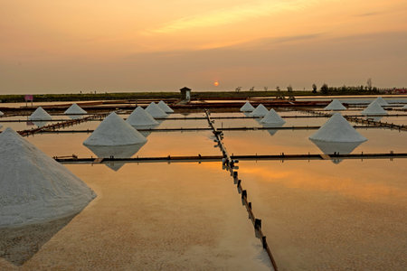 Sunset at Jingzaijiao Tile paved Salt Fields (offering a chance to see how salt is made), Tainan,...