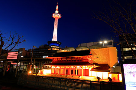 Kyoto Tower, a Tower with an observation deck at Higashishiokojicho, Shimogyo, Kyoto, Japanの写真素材