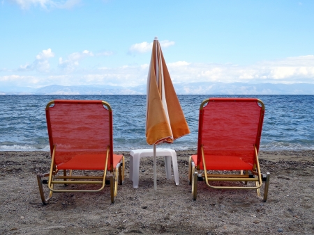 Sunbeds and umbrellasの写真素材