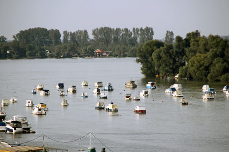 Anchorage of the motor boats in the riverの写真素材