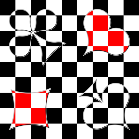 Card suits on the checkered black-and-white backgroundの写真素材