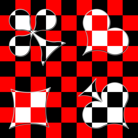 Card suits on the checkered black-and-red backgroundの写真素材