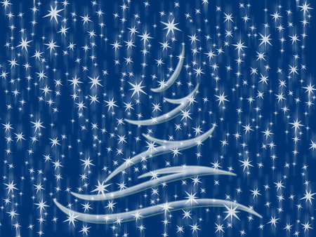 Illustration of a christmas tree on a blue background with starsの写真素材