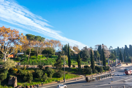 A scenic view of the lush gardens and iconic cypress trees surrounding the Colosseum area in Rome, Italy. The composition highlights the harmony between nature and historical urbanの写真素材