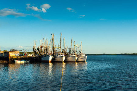 View of a fishing port in El Salvador with several artisanal boats docked at the pier during sunset....