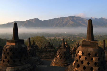 Misty Morning at Borobudur Temple, Yogyakarta, Indonesiaの写真素材