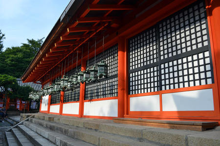 A temple (or a shrine) with many lanterns hanging. Pic was taken at Kasuga-Taisha, Japan, in July 2017.のeditorial素材