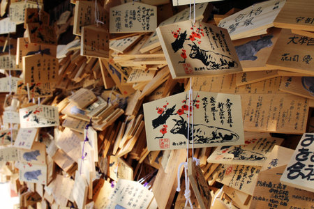 The prayer plaques called Ema in Japan. It contains a wish of people. Pic was taken in August 2017....
