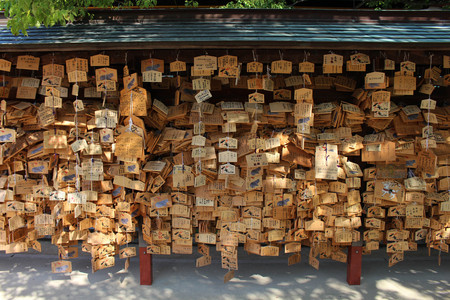 The prayer plaques called "Ema" in Japan. It contains a wish of people. Pic was 
taken in August 2017. Translation: "Prayers in Japanese"の写真素材