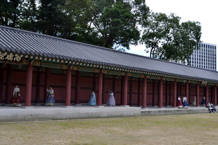 Girls in traditional clothes taking photo in front of trees around Seoul Eastern Palace (Changdeokgung). Pic was taken in August 2017のeditorial素材